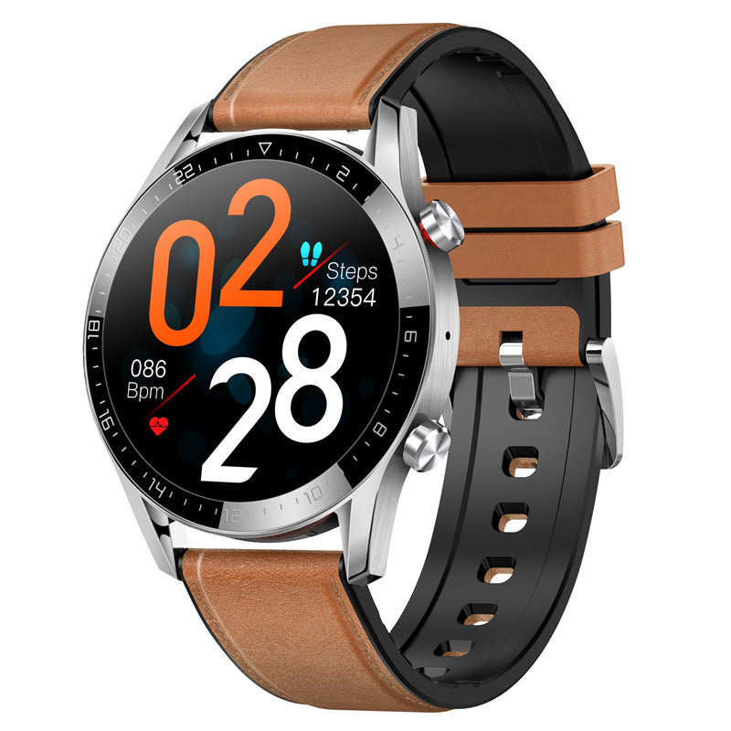 Smartwatch with brown and black band on a white background