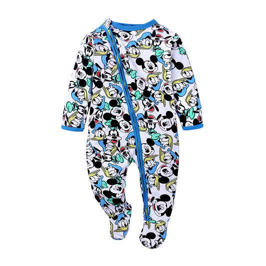 Cartoon-themed baby onesie with a blue zipper on a white background