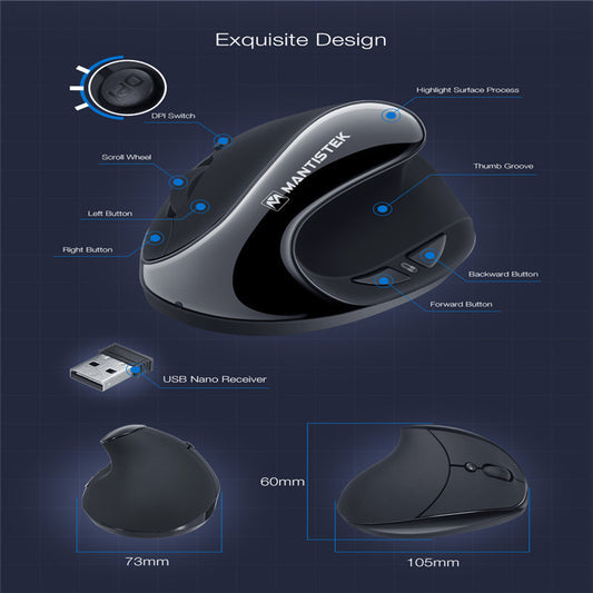 Black ergonomic mouse with detailed features and measurements on a dark background