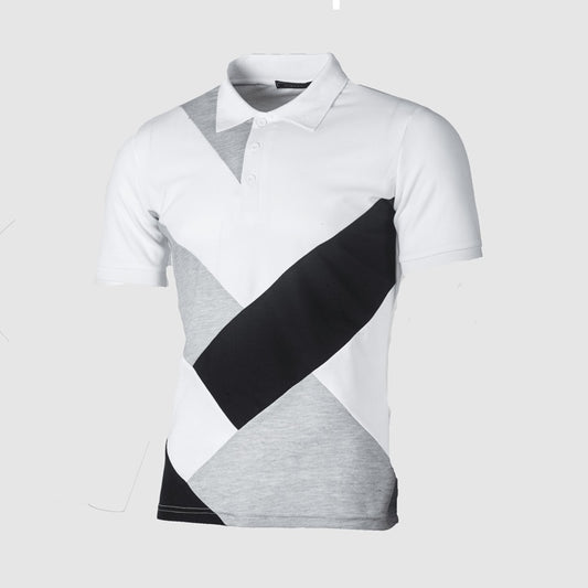 A men's casual short-sleeve polo shirt in black, white, and gray geometric pattern.