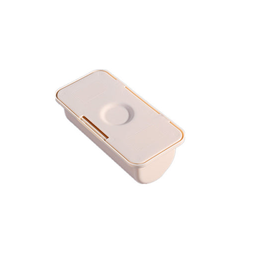 Beige rectangular storage box with lid on a white background