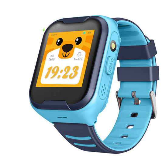 Children's smartwatch with blue strap and cartoon display on a white background