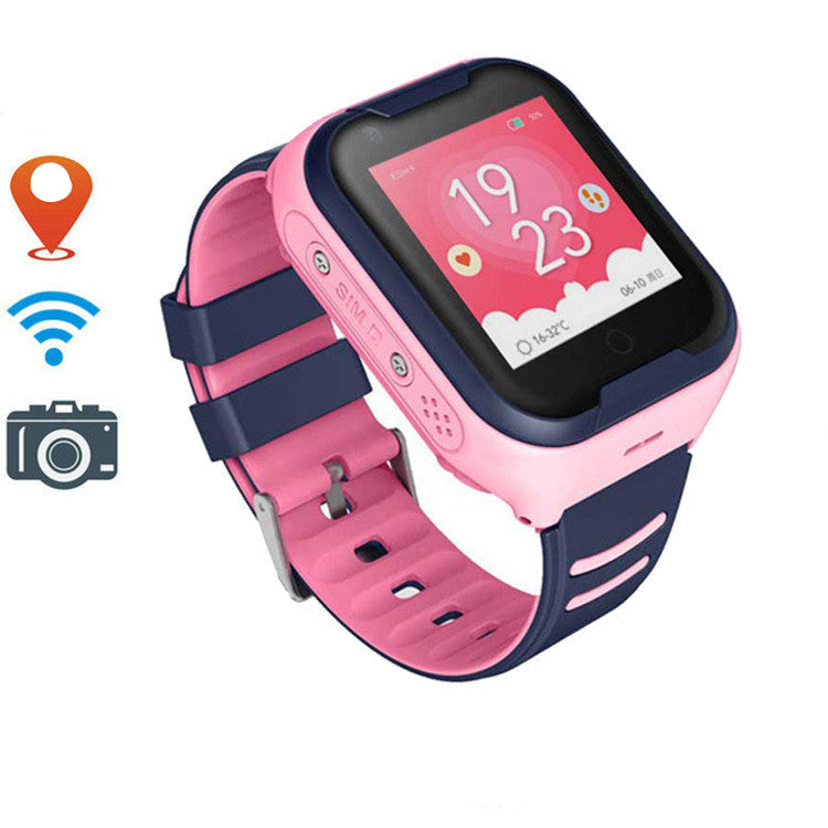 Children's smartwatch with 4G connectivity, showing features such as voice call, camera, and album on its display, with a blue strap and pink accents.