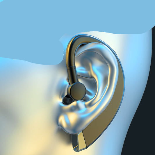 Over-ear Bluetooth headset worn on a person's ear with a blurred background