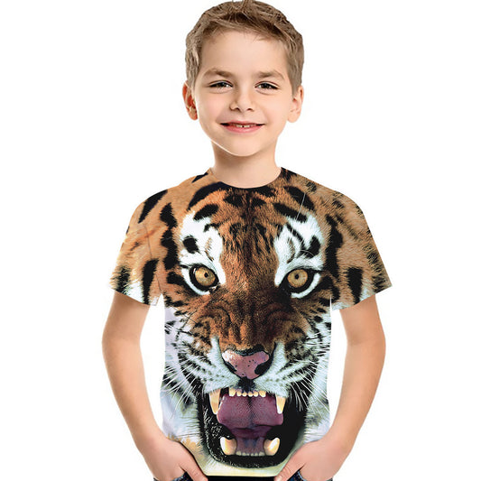 A child wearing a short-sleeved t-shirt with a 3D digital print of a leopard.