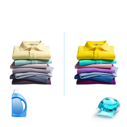 Comparison of ordinary laundry detergent and laundry beads with text on long-term use and color protection.