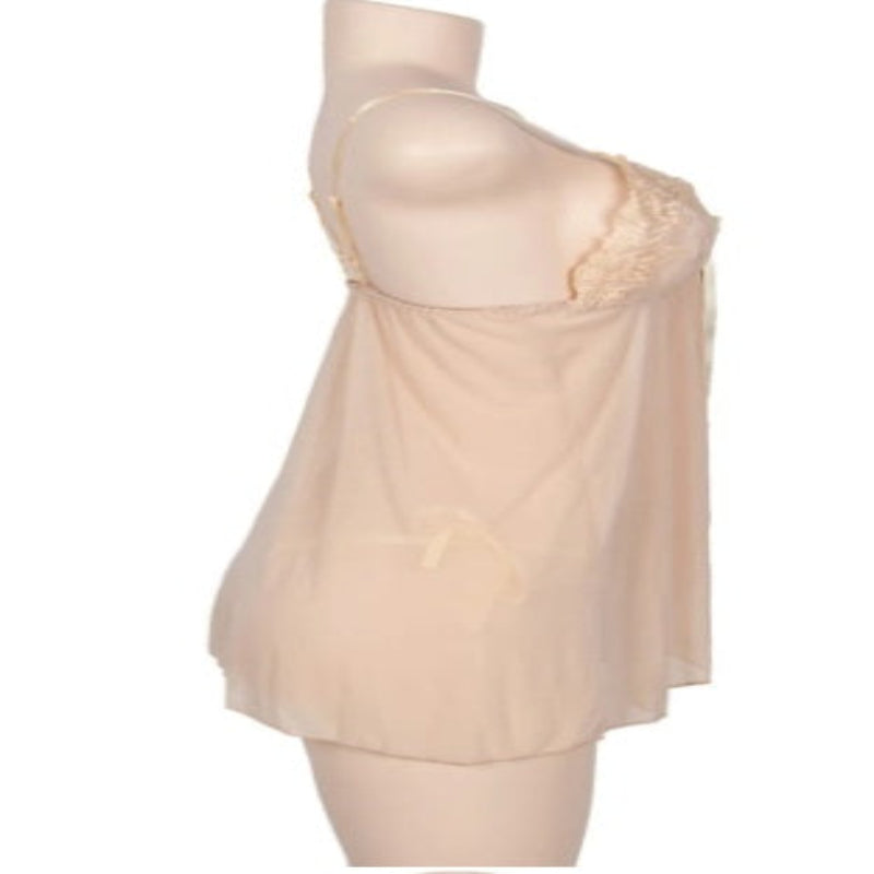 Beige babydoll dress on a mannequin against a white background