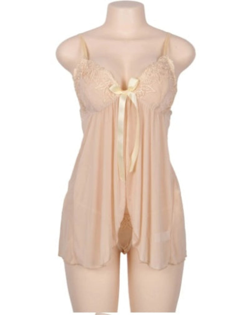 Beige lingerie set on a mannequin against a white background