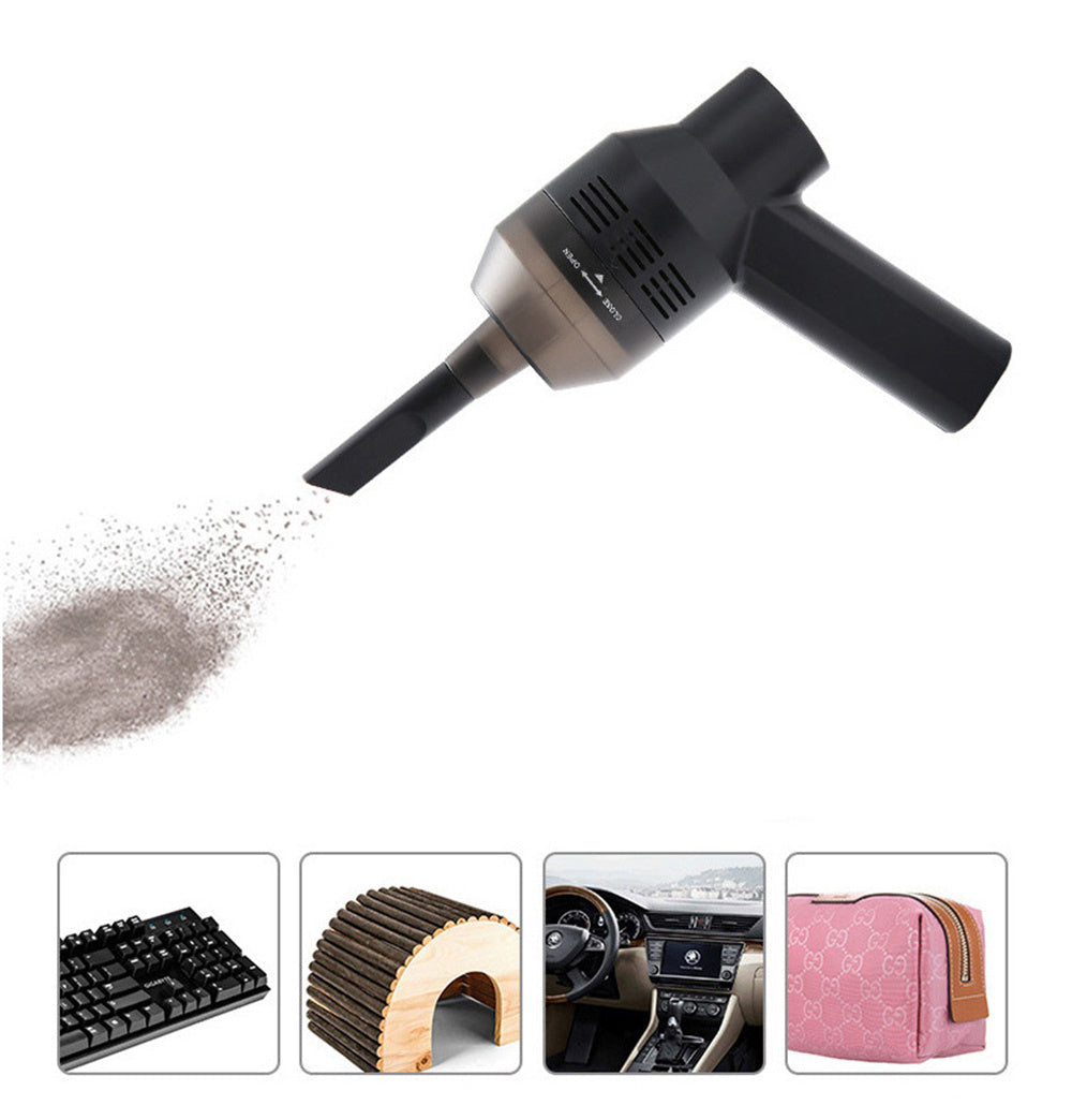 Handheld vacuum cleaner with text 'Ideal tools for cleaning' and examples of use on a white background.