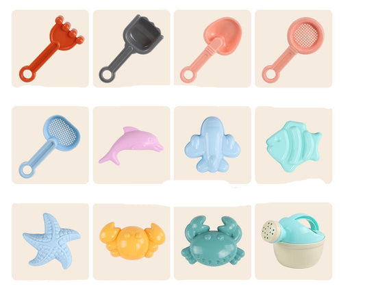 Collection of various beach toys with dimensions displayed below each item on a beige background.
