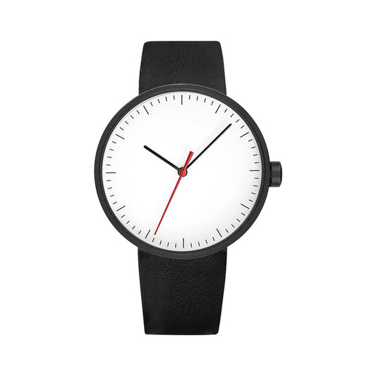 A wristwatch with a brown leather band and a white dial with black hands and a red second hand.