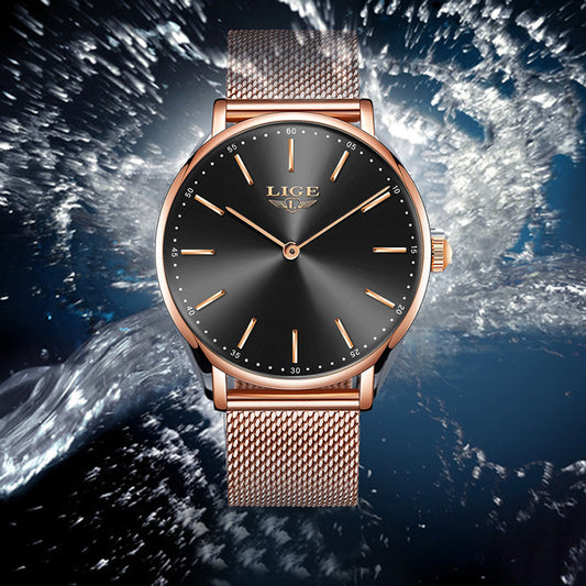 LIGE watch with rose gold strap against a space-themed background