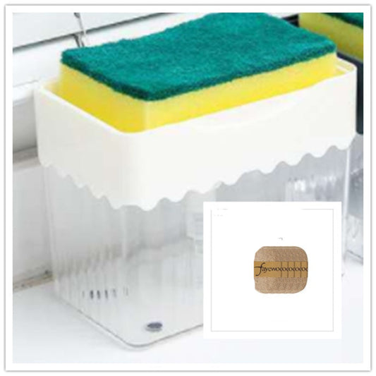 Cleaning sponge with green and yellow surface in a white holder, with a small inset showing dimensions.