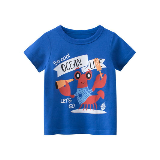 Children's short-sleeved blue T-shirt with a cartoon crocodile design.