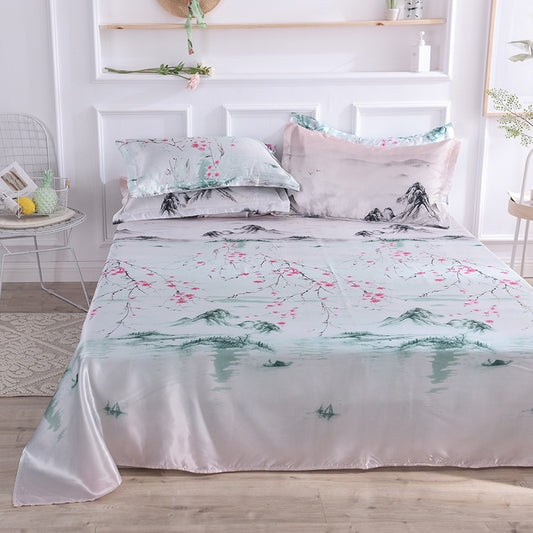 Summer Ice Silk Printing Home Textile Kit-Single Bed Sheet with Pillowcase Pair