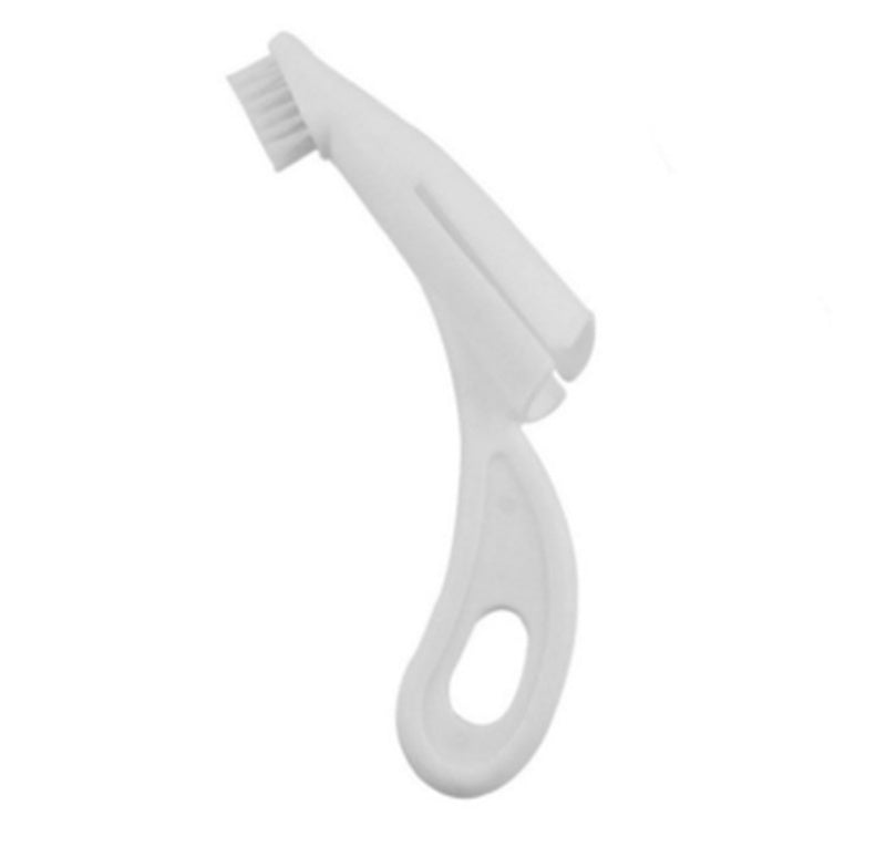 A pink pet toothbrush with a long handle is displayed above a small cat and a dog, indicating its use for pet oral care.