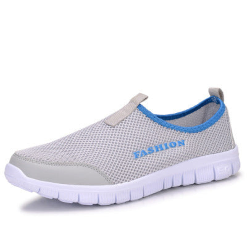 Gray and blue shoe with 'FASHION' text on a white background