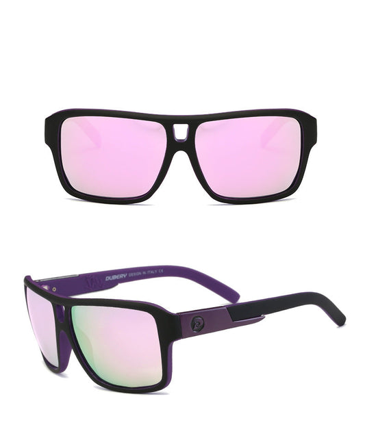 Sunglasses with black and purple frame and pink-tinted lenses on a white background.