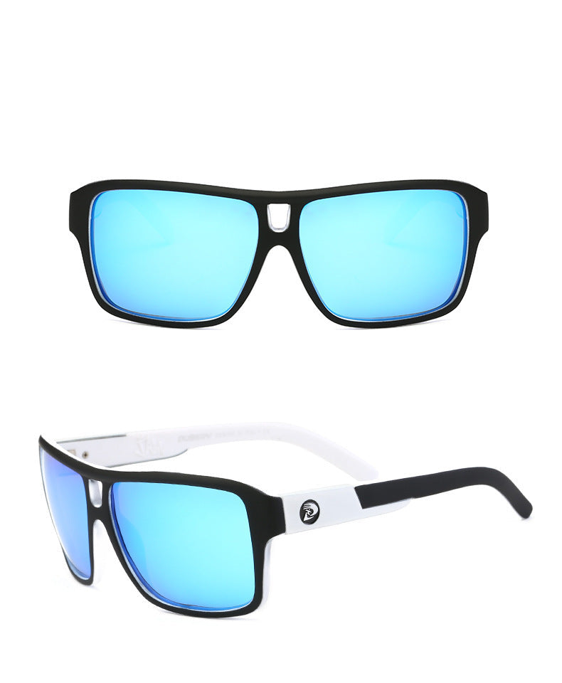 Sunglasses with black frames and blue lenses on a white background