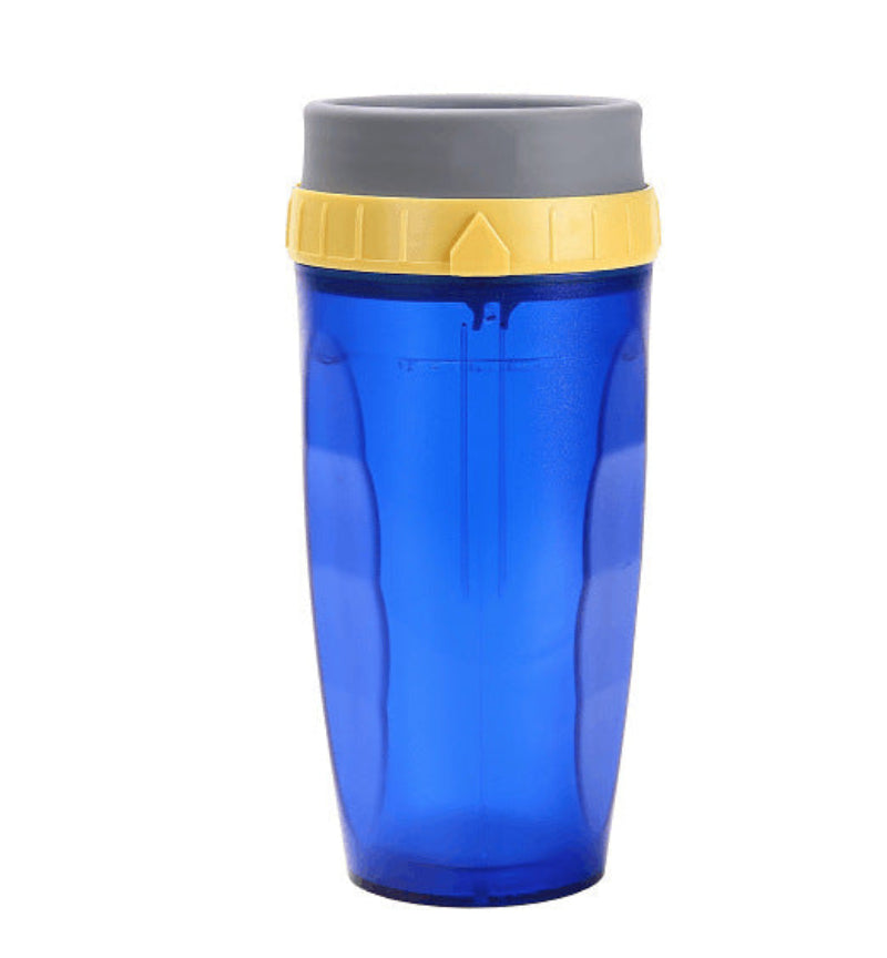 A gray travel portable cup with a yellow twist top lid, featuring a cartoon face design. The image shows the cup in an upright position with multiple expressions, and a straw being placed through the top.