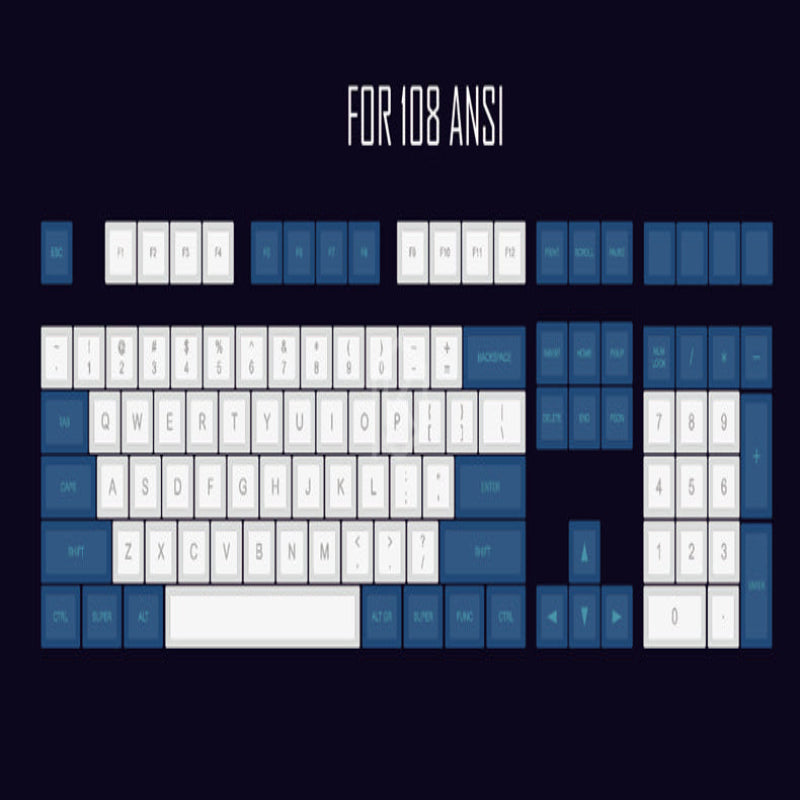 This image displays a mechanical keyboard featuring a laser engraved keycap design in blue and white. The keyboard is arranged in a standard layout with a row of function keys at the top and a set of numeric keys to the left.