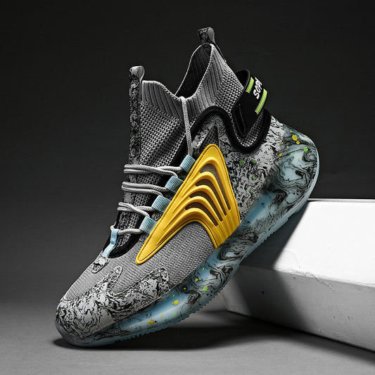 Gray and yellow athletic shoe on a dark background