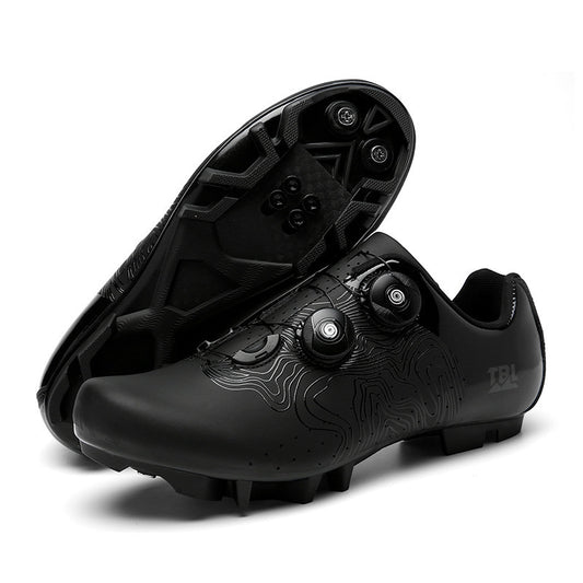 Black cycling shoes with sole and brand logo on a white background