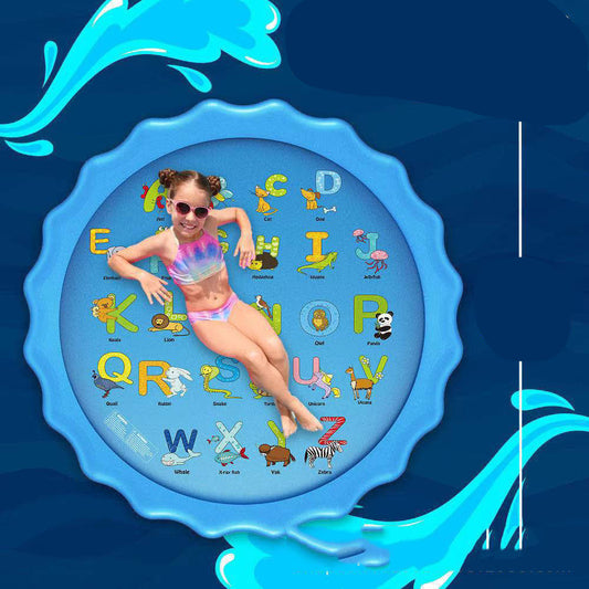 Child on a large inflatable pool with alphabet and animal designs, surrounded by blue water graphics.