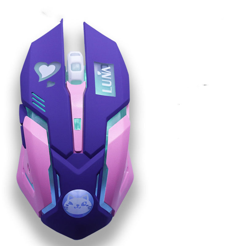 A wireless gaming mouse with blue and pink colors, featuring a design with heart shapes and the text 'PLAY TO WIN'.