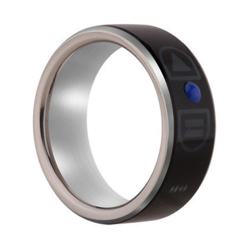A smart Bluetooth ring wearable device with black and silver colors, featuring button controls on the side.