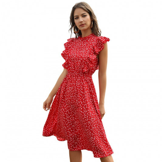 Woman wearing a red floral dress on a white background