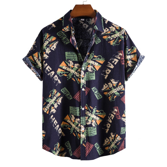 Vintage Letter Print Turn-Down Collar Short Sleeve Shirt for Men