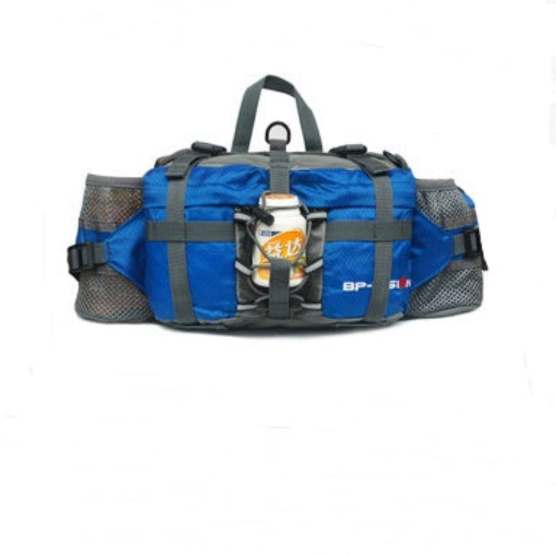 Blue and gray duffel bag with water bottle on white background