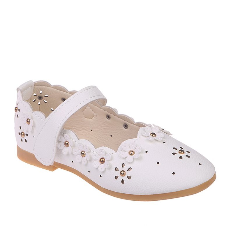 White shoe with floral designs and a brown sole on a white background