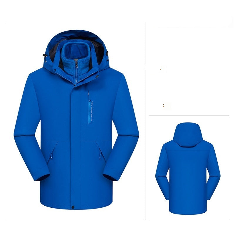 Blue jacket shown from front and back on a white background