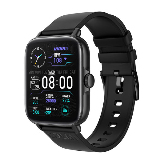 Black smartwatch with a digital display on a white background