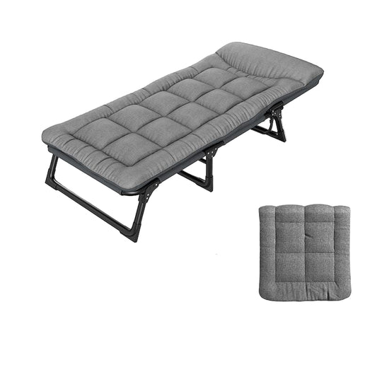 Folding bed with dimensions and features on a white background