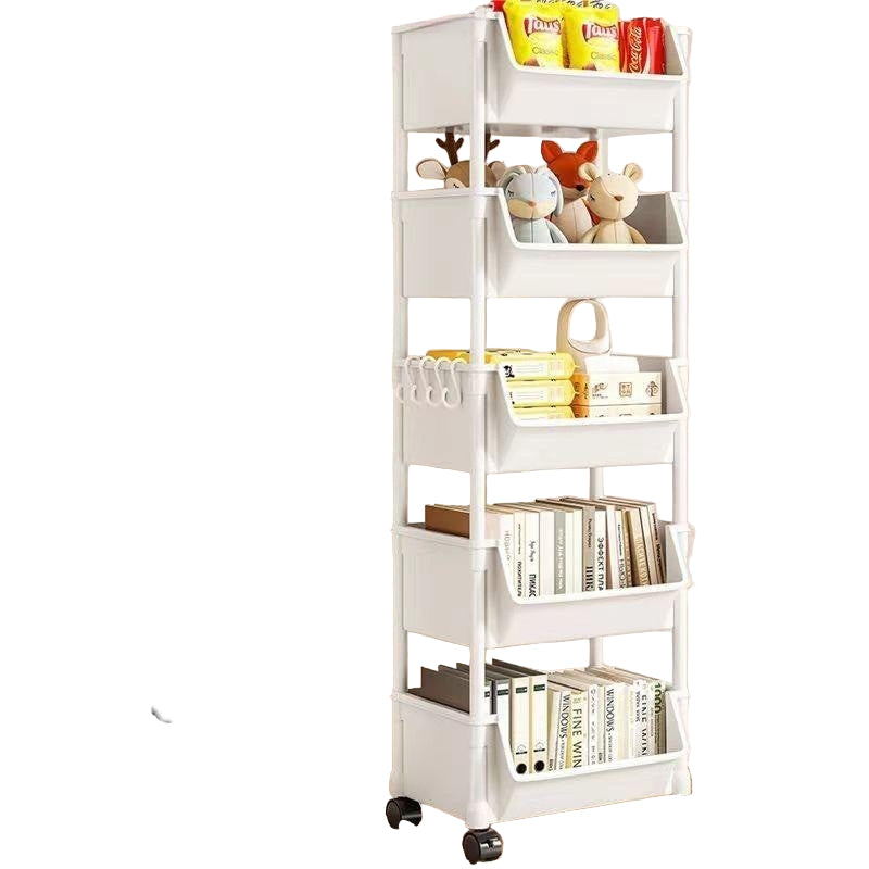 A white multi-layer storage rack with wheels, featuring various compartments with books, notepads, and a handbag.