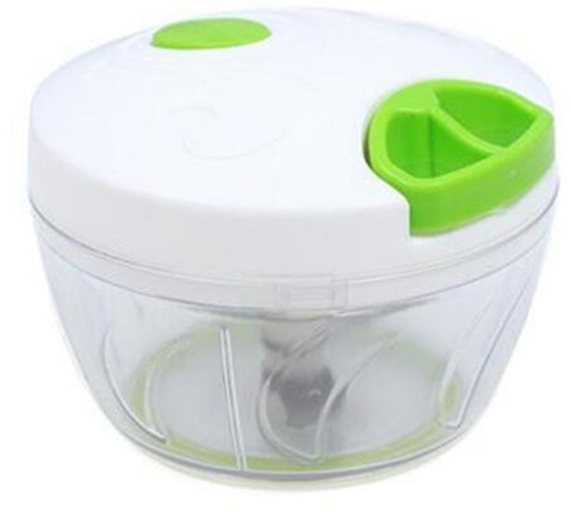 A green and white manual food chopper with three blades, made of ABS plastic.