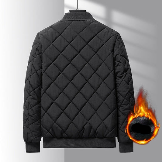 Black quilted jacket on a gray background with flame graphic and 'Velvet' text.
