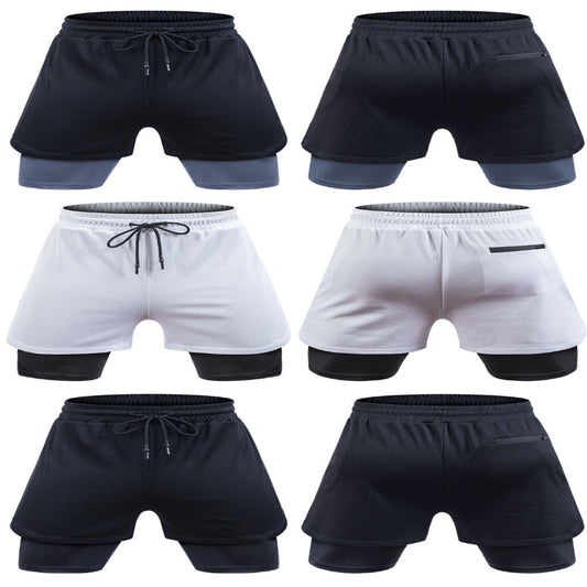 Set of black and white shorts with two-layer design on a white background