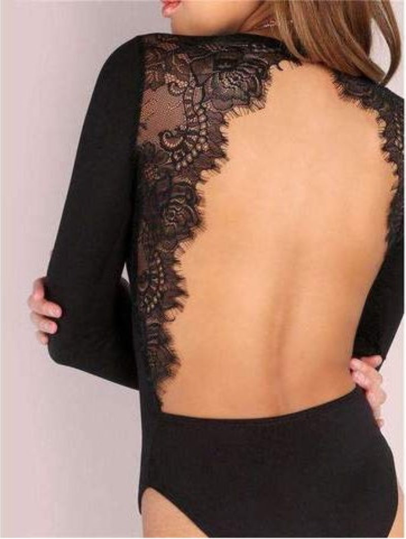 Black lace long-sleeve top with sheer back panel worn by a person.