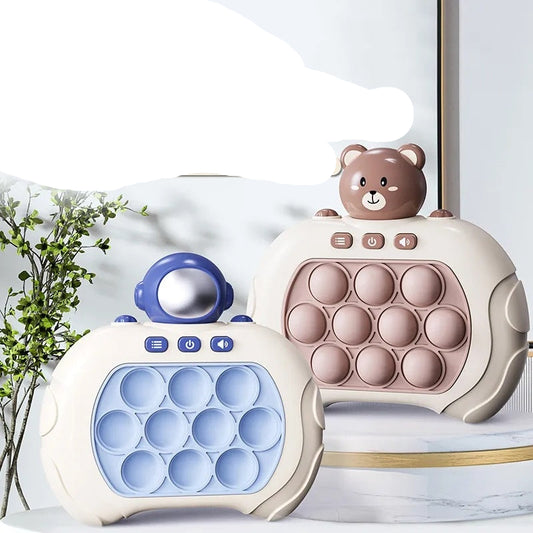 Children's handheld push game toy featuring a bear design, with buttons and an interactive bubble feature. The toy is primarily in shades of blue and beige, and is designed for educational and stress-relieving play.