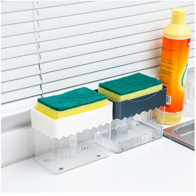 Cleaning sponge holder with sponges and a bottle of detergent on a kitchen counter.