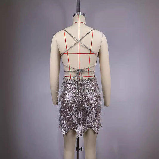 Female Summer Sequins Feather Tassel Backless Dress
