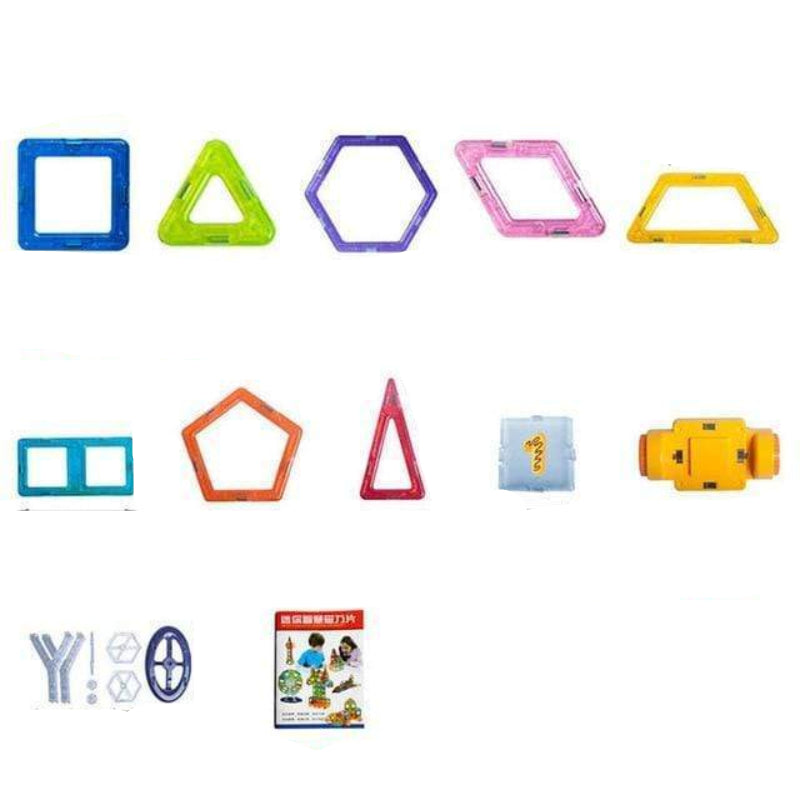 Set of colorful geometric shape frames with measurements and quantity details on a white background.