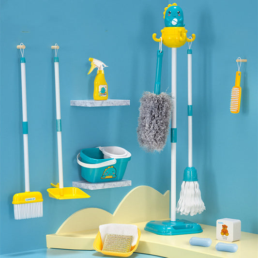 Children's toy cleaning tool set including a pink and white cart with various cleaning accessories like a mop, broom, dustpan, brush, and a spray bottle.