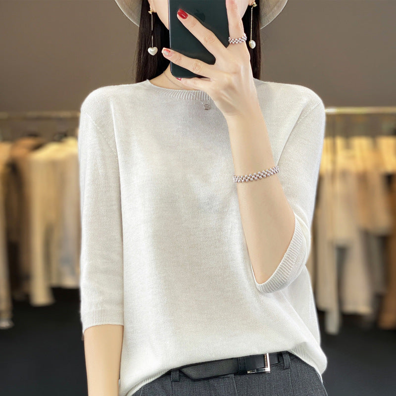 Front Line Ready-made Garments Worsted Sweater Half Sleeve Round Neck Pure Color All-matching Loose T-shirt