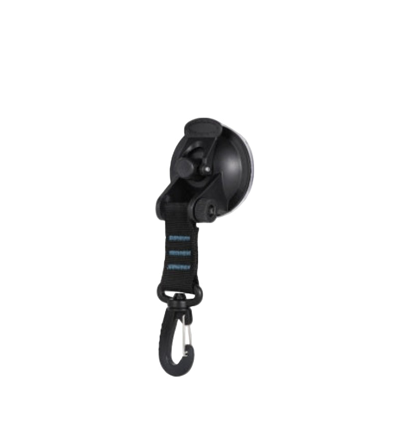 Suction cup hook with webbing buckle on a gray background