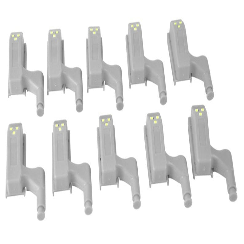 Two gray LED cabinet lights with a white surface treatment, displayed on a white background, with visible mounting screws.